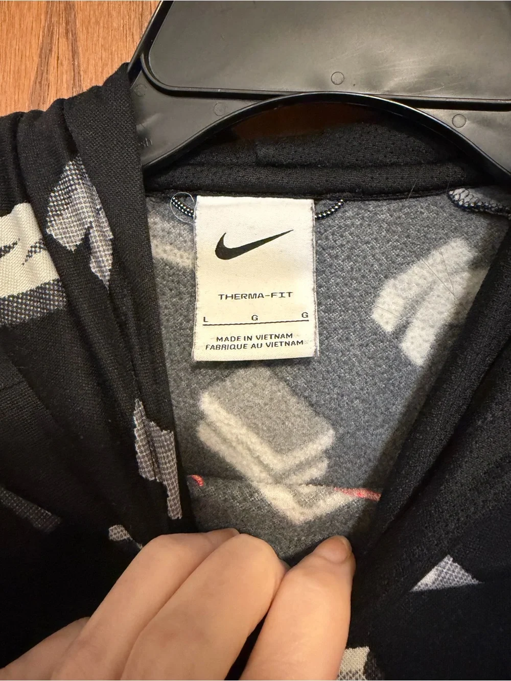 Boys Nike Black Hoodie with White Letter Print and Red Swoosh